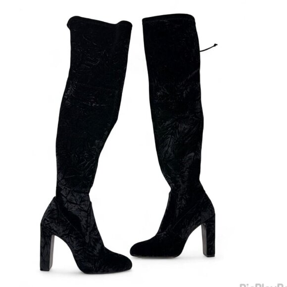 Stuart Weitzman Black Vidaland 100 Over the Knee Crushed Velvet Boots 7 NWOB - Picture 2 of 16